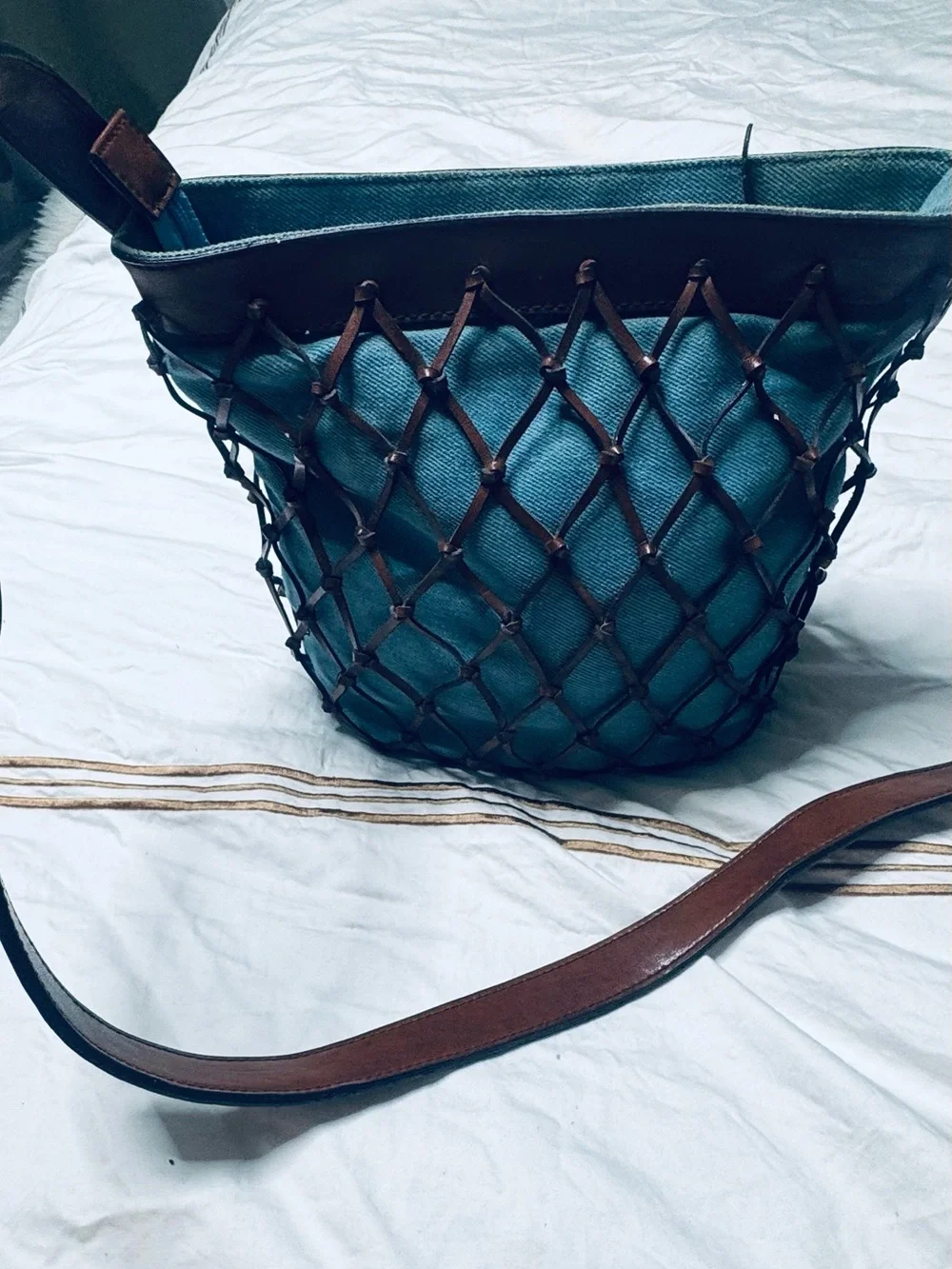 Blue Canvas Crossbody Bag with Brown Lattice Trim
